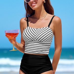 Striped Square Neck Tankini Top & High-Waisted Bottoms Set
