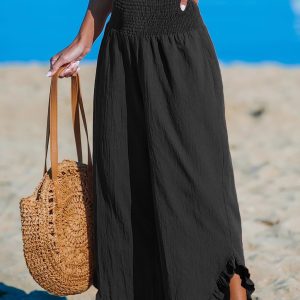 Black Smocked Waist Straight Leg Ruffle Pants