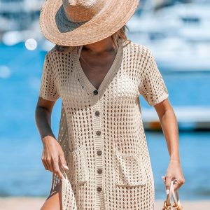 Apricot Open Knit Front Button Cover-Up