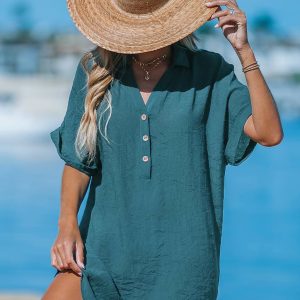 Blue Short Sleeve Cover-Up Mini Dress