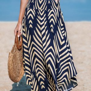 Navy Abstract Smocked Waist Midi Skirt