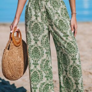 Green Damask Wide Leg Pants
