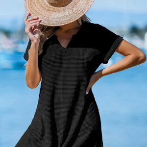 Black Notched Neck Knotted Cover-Up Mini Dress