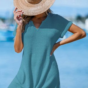 Waffle-Knit Short Sleeve Cover-Up Mini Dress