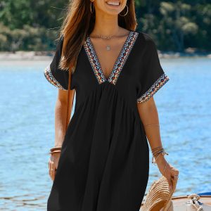 Black Plunging Short Sleeve Mini Dress