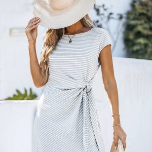 Grey Striped Knotted T-Shirt Mini Dress