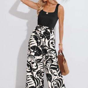 Black Square Neck Sleeveless Belted Jumpsuit