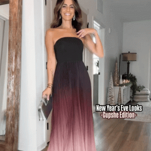 Red Ombre Strapless Pleated Maxi Dress