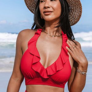 Super Bloom Red Halter Ruffled Bikini Top