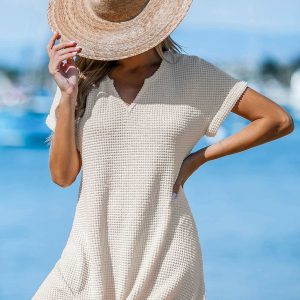 Beige Waffle Knit Short Sleeve Hem Twist Mini Cover-Up