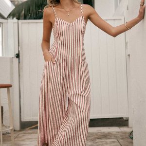 Striped Sleeveless V-Neck Wide Leg Jumpsuit