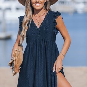 Navy Flutter Sleeve V-Neck Mini Cover-up Dress
