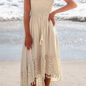 Sand Smocked Tassel Tie Tube Dress